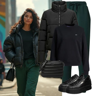 Styl Outfit s Černá Fleecová Mikina/Sportovní mikina/Kožená bunda jjxx "Sportovní zimní outfit"