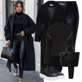 Kůže Outfit s Černá/Tmavě modrá/Bílá/Modrá Termální Džíny/Kožená bunda/Džíny s Rozparkem/Motorkářské Džíny "Perfektní na zimu"