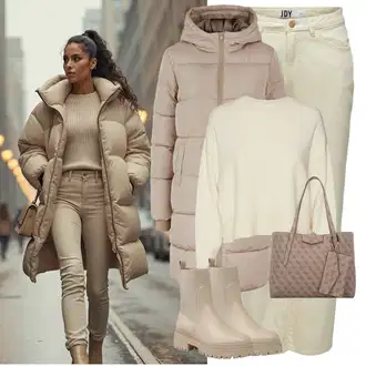 Outfit sa Bež/Smeđa/Kaki Kožna Jakna/Podstavljena Gležnjača/Gumena Gležnjača/Ravna Gležnjača/Chelsea Gležnjača About You "Savršen za zimu"
