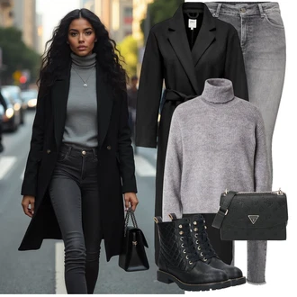 Prošívaný Outfit s Černá Šněrovací Kotníková Bota/Kožená bunda/Vycpaná kozačka/Gumová Kotníková Bota/Bojová Bota/Klasická kozačka/Plochá Kotníková Bota/Kozačka se zipem About You "Zimní look"