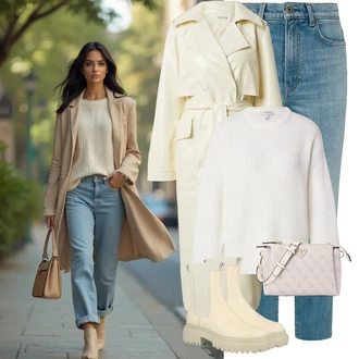 Outfit s Béžová/Khaki/Krémová Chelsea Boty/Kožená bunda/Gumová Kotníková Bota About You "Perfektní na zimu"
