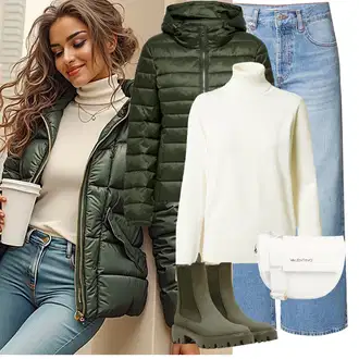Outfit s Tmavě zelená Chelsea Boty/Gumová Kotníková Bota/Kožená bunda Only "Zimní look"