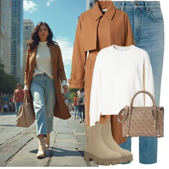 Outfit s Hnědá/Béžová/Khaki Chelsea Boty/Kožená bunda/Plochá Kotníková Bota/Gumová Kotníková Bota About You "Perfektní na zimu"