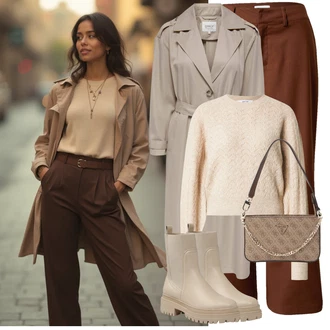 Outfit s Hnědá/Béžová/Khaki Chelsea Boty/Kožená bunda/Gumová Kotníková Bota/Plochá Kotníková Bota/Kotníková Bota s Podšívkou About You "Zimní look"