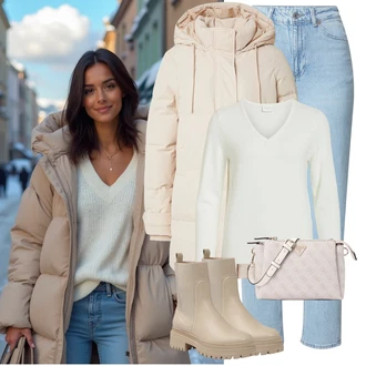 Outfit s Hnědá/Béžová/Khaki Chelsea Boty/Kožená bunda/Gumová Kotníková Bota/Plochá Kotníková Bota/Kotníková Bota s Podšívkou About You "Zimní look"
