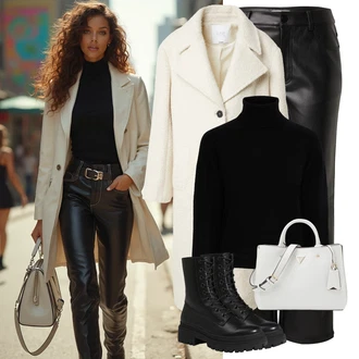 Outfit s Hnědá/Černá/Bílá Kalhoty z Umělé Kůže/Zvonová Kalhoty Kožené Zvonové Kalhoty/Kožená Kalhoty/Vinylové kalhoty Leger by Lena Gercke "Zimní look"