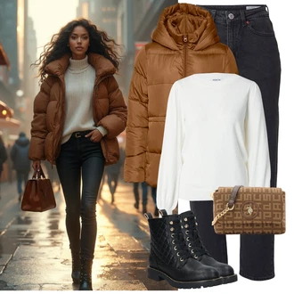 Prošívaný Outfit s Černá Šněrovací Kotníková Bota/Kožená bunda/Vycpaná kozačka/Gumová Kotníková Bota/Bojová Bota/Klasická kozačka/Plochá Kotníková Bota/Kozačka se zipem About You "Stylový zimní outfity"