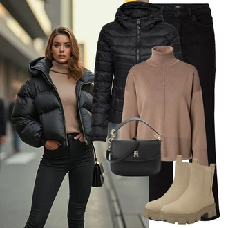 Outfit s Černá Prošívaná Bunda/Termo Bund/Udržitelná bunda/Puchová Bund/Letní peřová bunda/Bunda s Kapucí/Péřová Bunda/Zimní Bund/Bunda z umělých vláken/Nafukovací Bund/Sbalitelné Bund Only "Zimní look"