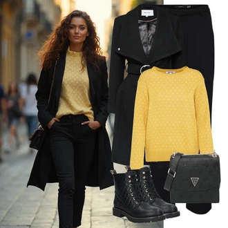 Prošívaný Outfit s Černá Šněrovací Kotníková Bota/Kožená bunda/Vycpaná kozačka/Gumová Kotníková Bota/Bojová Bota/Klasická kozačka/Plochá Kotníková Bota/Kozačka se zipem About You "Perfektní na zimu"