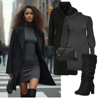 Kombinacije s čizmama sa Crna Čizma do Koljena/Široke čizme/Čizma Iznad Koljena/Duga Čizma/Čizma na visoku petu/Čizma na Špic About You "Elegantan zimski outfit"