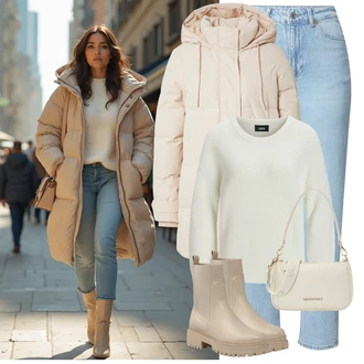 Outfit s Hnědá/Béžová/Khaki Chelsea Boty/Kožená bunda/Gumová Kotníková Bota/Plochá Kotníková Bota/Kotníková Bota s Podšívkou About You "Perfektní na zimu"