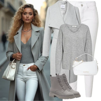 Outfit s Bílá/Krémová Kožené Boty/Slim Fit Džíny/High Waist Džínové Kalhoty/Kotníková Bota/Dámské Džíny s Délkou 7/8/Capri Džíny/Džíny s Rozparkem/Zužující se Džíny/Push up Džín/Zkrácené Džíny/Kožená bunda Opus "Zimní look"
