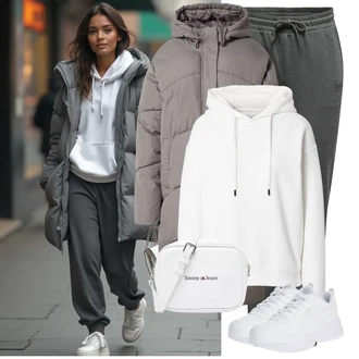 Outfit s Krémová/Bílá Dámský Svetr/Svetr s kapucí/Unisex Mikina S Kapucí/Sportovní mikina/Pletená mikina s kapucí/Oversize mikina/Svetr S Kapucí/Originální mikina/Mikina Cars Jeans "Sportovní zimní outfit"