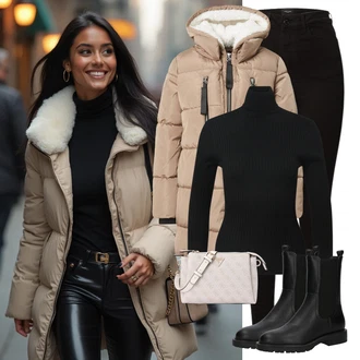 Outfity z džínu Skinny s Černá Kožená bunda/High Waist Džínové Kalhoty/Termální Džíny/Motorkářské Džíny/Kožené Boty/Sweat Džíny VERO MODA "Zimní look"