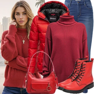 Umělá kožešina Outfit s Červená Podzimní bunda/Nafukovací Bund/Zimní Bund/Puchová Bund/Péřová Bunda Only "Módní zimní outfit"
