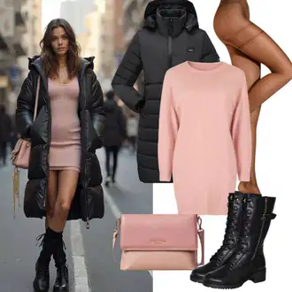 Dresses outfits Plemenita Zima mit Roza Pulover Obleka/Obleka s ščitnikom za vrat/Dolga pletena obleka/Zimska Pletena Obleka morgan "Modni zimski outfit"Look: Kolo, Plemenita, Preprosta, Glamurozno, Eleganten, Modna, Seksi, Softgirl, Egirl, Mehko, Prevelik, Overdressed