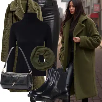 Outfit sa Zeleno/Tamnozelena/Svjetlozelena/Kaki Krzneni Kaput/Pleteni Flis Kaput/loden kaput/Teddy Kaput Urban Classics "Modni zimski outfit"