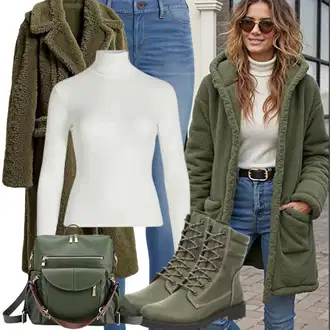 Outfit sa Zeleno/Tamnozelena/Svjetlozelena/Kaki Krzneni Kaput/Pleteni Flis Kaput/loden kaput/Teddy Kaput Urban Classics "Modni Zimski Outfit"