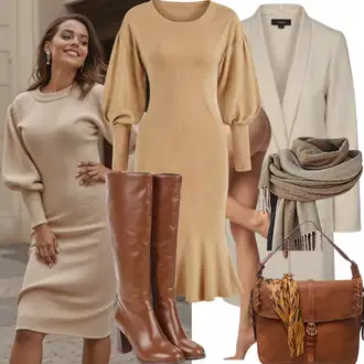 Outfit sa Bež/Bijela Kaput od Vunenog Flisa/Pleteni Flis Kaput/Ljetni Kaput/Kaput od Kašmira/Vuneni kaput/Lagani Kaput/Midi Kaput/Pleteni Kaput Only "Modni zimski outfit"