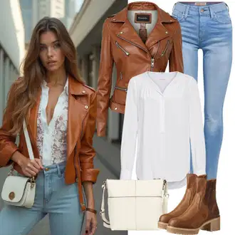 Kratka outfit mit Črna/Bela/Rjava Bluza za Zavijanje/Svilena Bluza/Elegantna Bluza/Usnjena jakna/Poslovna Bluza/Vrh Bluze happiness İstanbul "Modni Zimski Outfit"