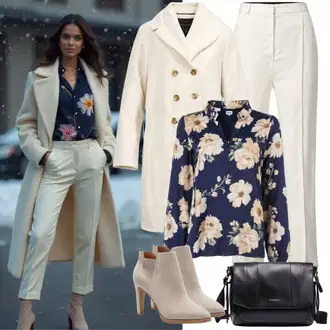Outfit s Šedá/Bílá/Krémová Business Kalhoty/Obleková Kalhoty/Marlene Kalhoty/Kalhoty se Štěrbinou/Plisovaná kalhoty about you x iconic by tatiana kucharova "Outfit für den Frühling"