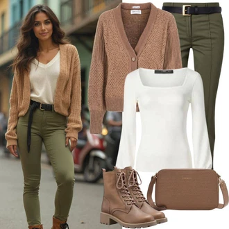 Outfit s Khaki/Šedá/Hnědá/Béžová Kardigan Kardigán se stojatým límečkem bershka "Outfit für den Frühling"