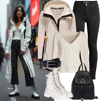 Zimske Outfiti Kratka mit Krem/Bela Rebrast Žamet Jakna/Kratka Denim Jakna/Poletna jakna/Srajčna jakna/Trajnostna Jakna/Pomladna jakna/Vintage Jakna/Trenerska jakna/Prehodna Jakna Miss Sixty "Outfit für den Frühling"
