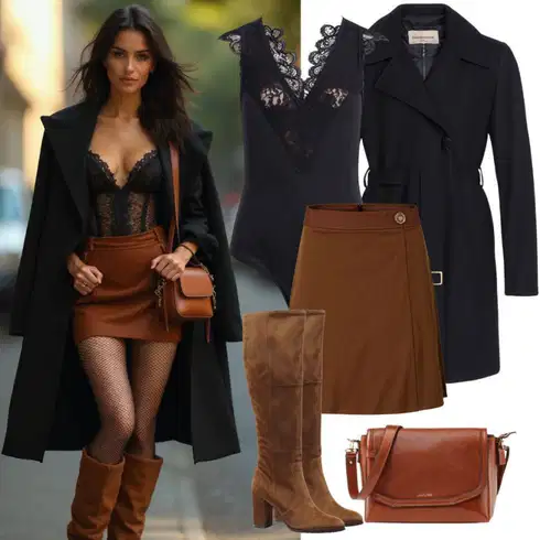 Kombinace Hnědá/Tmavě hnědá Krátká Sukně/Sukně z umělé kůže/Manšestrová sukně/Kožená Sukně Kožená Minisukně/70tá Léta Minisukně/Kožená Sukně VERO MODA kombinovat s Černá Kašmírový Kabát/Dlouhý Kabát/Přechodový Kabát/Trenčkot/Midi Kabát/Letní Kabát/Vlněný Kabát/Vlněný Kabát/Trenčkot Vila