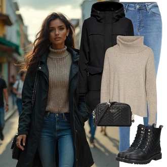 Outfity z džínu Skinny s Světle modrá/Modrá Kožená bunda/Push up Džín/Slim Fit Džíny/Džíny s Rozparkem/Navlékací džíny/Zimní bunda/High Waist Džínové Kalhoty/Kožené Boty VERO MODA "Zimní look"