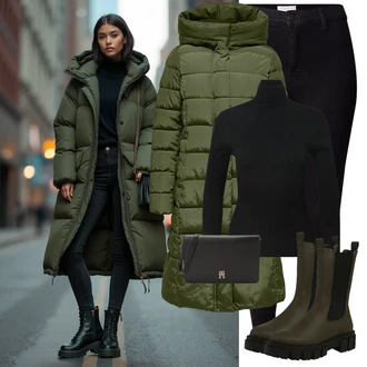 Hunting Outfit s Tmavě zelená Kozačka Chelsea Boty/Kožená bunda/Gumová Kotníková Bota About You "Zimní look"Look: Jízda na koni, Turistika, Hunting, Trekking