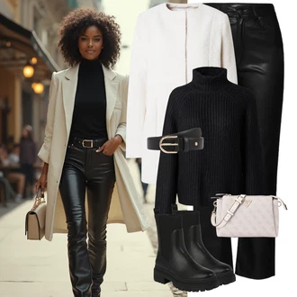 Outfit s Černá/Hnědá/Oranžová Kožená Kalhoty/Zvonová Kalhoty Kožené Zvonové Kalhoty/Kalhoty s nášivkou uprostřed/Kalhoty z Umělé Kůže/Kalhoty se Štěrbinou/Culotte Kalhoty Edited "Perfektní na zimu"