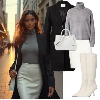 Outfit s Bílá/Krémová/Khaki Moderní Sukně/Sukně S Délkou Ke Kolenům/Midi Sukně/Elastická Sukně/Pletená sukně/Koktejlová Sukně/Tužková sukně/Sukně do Délky Lýtka Kaffe "Elegantní zimní outfit"