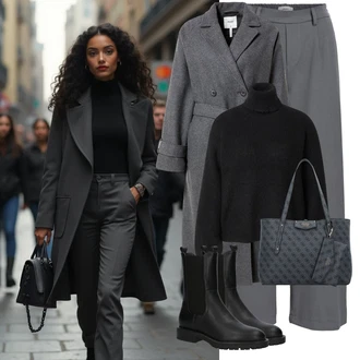 Outfit s Šedá/Tmavě šedá/Světle šedá Široká Kalhoty/Business Kalhoty/Marlene Kalhoty/Palazzo Kalhoty/Kalhoty se Štěrbinou/Plisovaná kalhoty/Kalhoty s nášivkou uprostřed/Kalhoty s Vysokým Pasem/Obleková Kalhoty/Plisovaná Kalhoty Object "Perfektní na zimu"