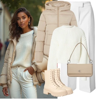Outfit s Šedá/Bílá/Krémová Business Kalhoty/Obleková Kalhoty/Marlene Kalhoty/Kalhoty se Štěrbinou/Plisovaná kalhoty about you x iconic by tatiana kucharova "Zimní look"