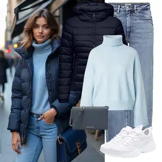 S Pertlanjem Outfit sa Svjetloplava/Plava Traperice Široke Nogavice/Formalna Košulja/Dad Traperice/Traperice s Prorezom/Mom Jean/Vrećaste Traperice/High Waist Traperice/Traperice Opuštenog Kroja/Vintage traperice/Culotte Traperice Only "Cool zimski outfit"