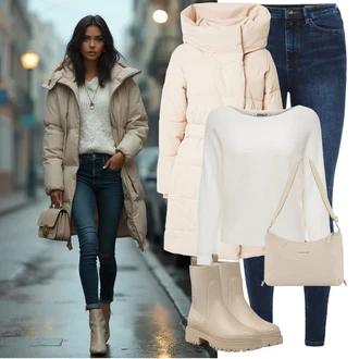 Outfit s Hnědá/Béžová/Khaki Chelsea Boty/Kožená bunda/Gumová Kotníková Bota/Plochá Kotníková Bota/Kotníková Bota s Podšívkou About You "Zimní look"