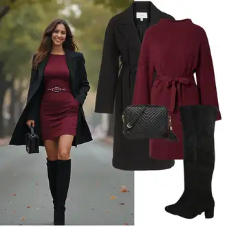 Kombinacije s čizmama sa Crna Čizma Iznad Koljena/Duga Čizma/Čizma do Koljena/Ravna čizma preko koljena/Kožna Čizma Iznad Koljena About You "Elegantan zimski outfit"