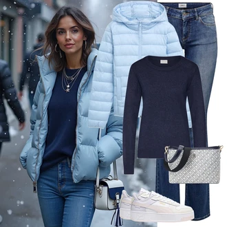 Outfit s Světle modrá/Modrá/Tmavě modrá Zvonová Kalhoty/Kalhoty Bootcut/Rozšířená Kalhoty/Kalhoty se Štěrbinou Only "Stylový zimní outfity"