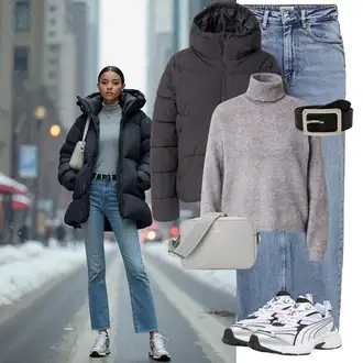 S Pertlanjem Outfit sa Svjetloplava/Plava Traperice Široke Nogavice/Formalna Košulja/Dad Traperice/Traperice s Prorezom/Mom Jean/Vrećaste Traperice/High Waist Traperice/Traperice Opuštenog Kroja/Vintage traperice/Culotte Traperice Only "Cool zimski outfit"