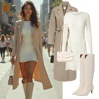 Outfity na podzim s Béžová/Bílá/Khaki Dlouhá Kozačka/Kozačka po Kolena/Kozačka nad Kolena/Vintage kozačka/Špičatá Kozačka About You "Elegantní zimní outfit"