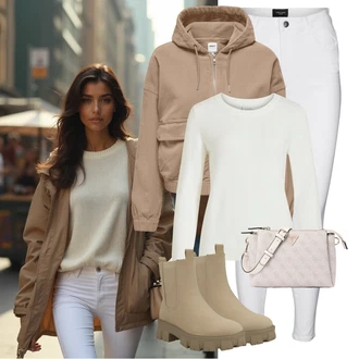 Outfit s Hnědá/Béžová/Khaki Chelsea Boty/Kožená bunda/Plochá Kotníková Bota/Gumová Kotníková Bota About You "Zimní look"