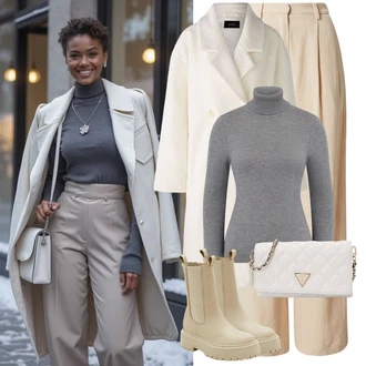 Outfit s Béžová/Hnědá/Khaki Kožená bunda/Gumová Kotníková Bota/Chelsea Boty Edited "Perfektní na zimu"