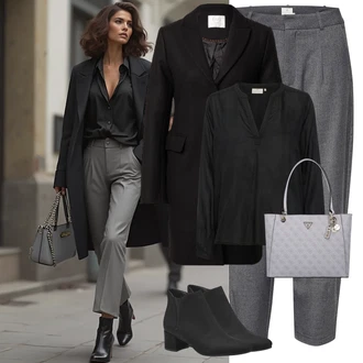Léto Outfit s Černá/Tmavě šedá Průhledná blůza/Kožená bunda/Kožená bunda pro muže/Dlouhá Halenka/Halenka s Dlouhým Rukávem/Hedvábná Halenka/Halenka se Stojatým Límcem/Oversize Halenka/Slip-on Halenka/Tunikové Tričko/Oversize Muselínová Blůza Kaffe "Zimní look"