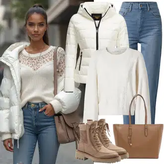 S Pertlanjem Outfit sa Tamnoplava/Plava/Svjetloplava Mom Jean/Ženske Traperice 7/8 Dužine/Traperice Ravne Nogavice/Skraćene Traperice/Termo Traperice/Muška Kožna Jakna/Formalna Košulja/Dad Traperice/Trenerke Traperice/Vrećaste Traperice/Sportske cipele/Traperice Opuštenog Kroja jjxx "Outfit für den Winter"
