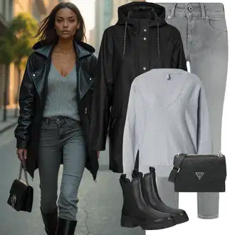S zakovicama Outfit sa Crna Chelsea Gležnjača/Kožna Jakna Tamaris "Zimski look"Look: Trekking, Jahanje, Skating, S zakovicama