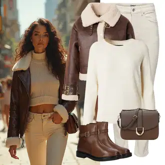Šik Outfit s Béžová/Khaki/Hnědá Džíny High Waist Džínové Kalhoty/Zužující se Džíny/Zkrácené Džíny/Slim Fit Džíny/Termální Džíny/Dámské Džíny s Délkou 7/8/Mom Jean/Džíny Regular Fit/Kožené Boty/Capri Džíny/Džíny s Rozparkem/Kotníková Bota/Kožená bunda Only "Módní zimní outfit"Look: Styl, Šik, Klasické, Cool, Elegantní, Old Money, Venkovní, Chytrý příležitostný