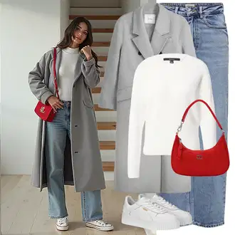 S Pertlanjem Outfit sa Svjetloplava/Plava Traperice Široke Nogavice/Formalna Košulja/Dad Traperice/Traperice s Prorezom/Mom Jean/Vrećaste Traperice/High Waist Traperice/Traperice Opuštenog Kroja/Vintage traperice/Culotte Traperice Only "Moderan zimski outfit"
