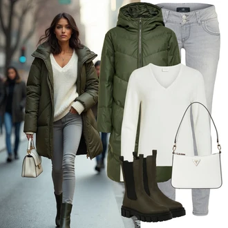 Hunting Outfit s Tmavě zelená Kozačka Chelsea Boty/Kožená bunda/Gumová Kotníková Bota About You "Zimní look"Look: Jízda na koni, Turistika, Hunting, Trekking