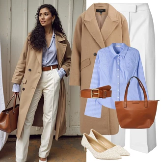 Outfit s Šedá/Bílá/Krémová Business Kalhoty/Obleková Kalhoty/Marlene Kalhoty/Kalhoty se Štěrbinou/Plisovaná kalhoty about you x iconic by tatiana kucharova "Módní zimní outfit"