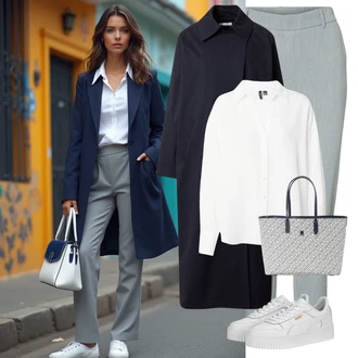 Outfit s Šedá/Světle modrá/Modrá/Světle šedá 3/4 Kalhoty/Kalhoty s nášivkou uprostřed/7/8 Kalhoty/Úzká Kalhoty/Navlékací Kalhoty/Bengaline Kalhoty/Mušelínové kalhoty VERO MODA "Perfektní na zimu"